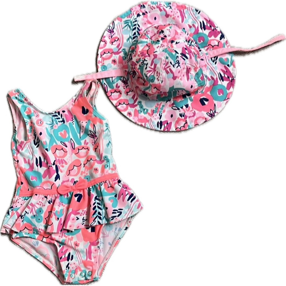 Brightly colored bathing suit with matching hat